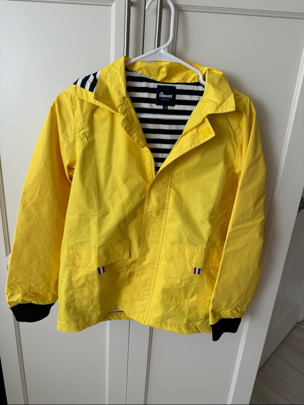 Children's Yellow Hooded Raincoat with Striped Lining -